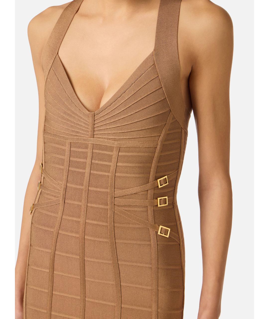 ELISABETTA FRANCHI Бежевое вискозное коктейльное платье, фото 4