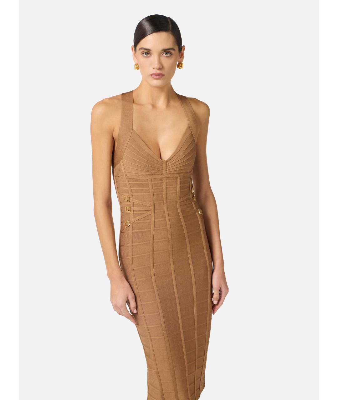 ELISABETTA FRANCHI Бежевое вискозное коктейльное платье, фото 2