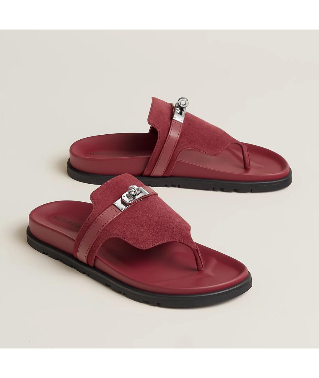 HERMES Бордовые замшевые шлепанцы, фото 2