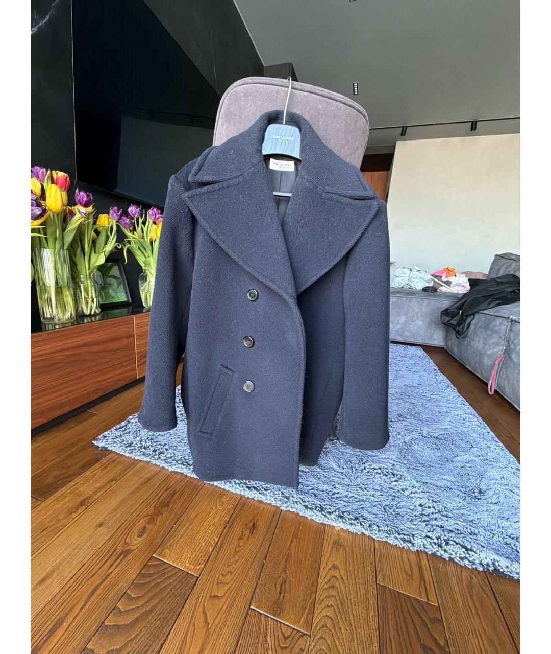 SAINT LAURENT Темно-синее шерстяное пальто, фото 7