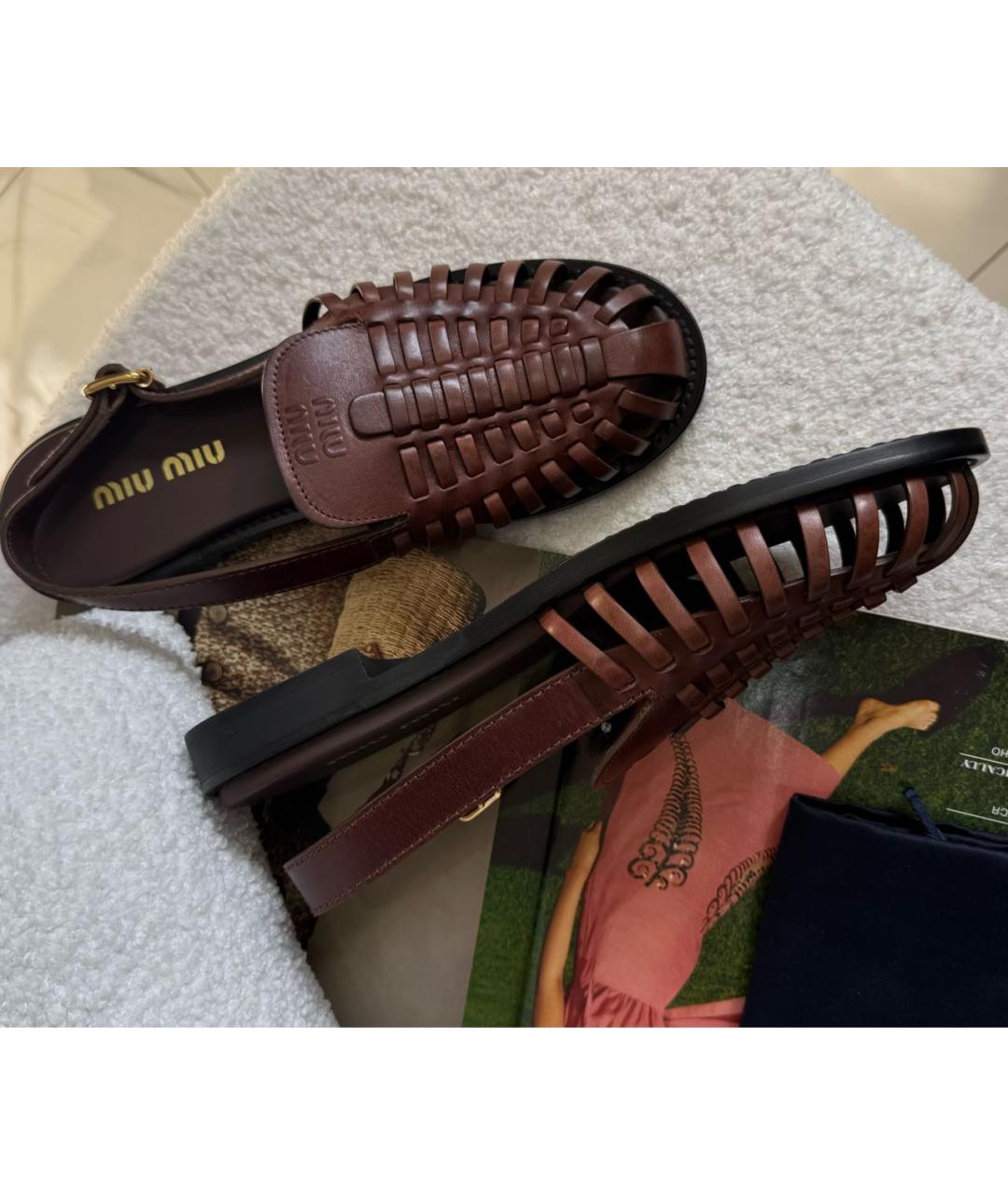 MIU MIU Коричневые кожаные босоножки, фото 5