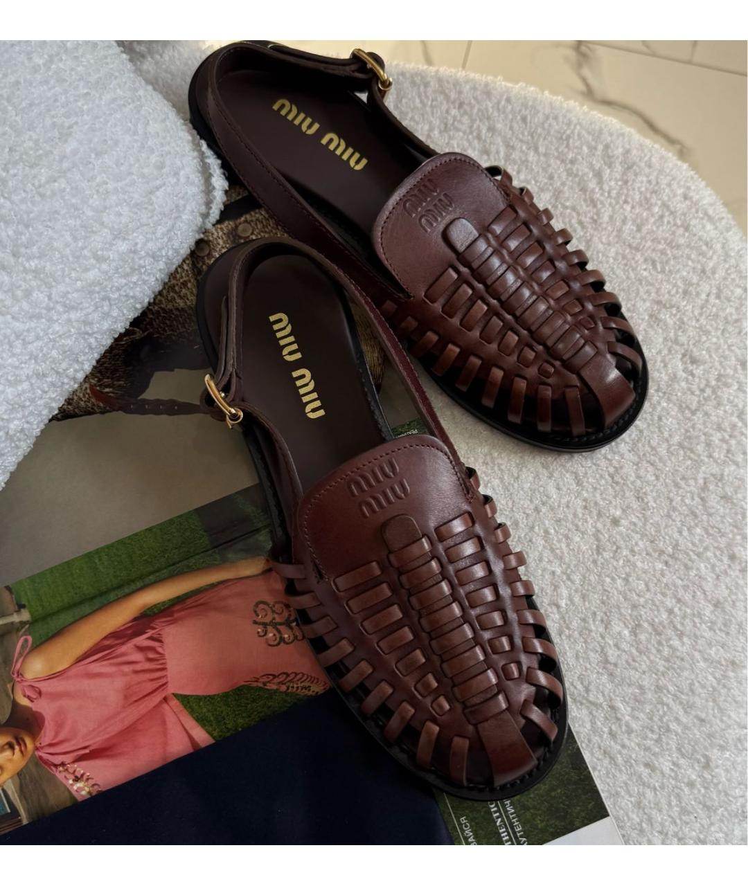 MIU MIU Коричневые кожаные босоножки, фото 6