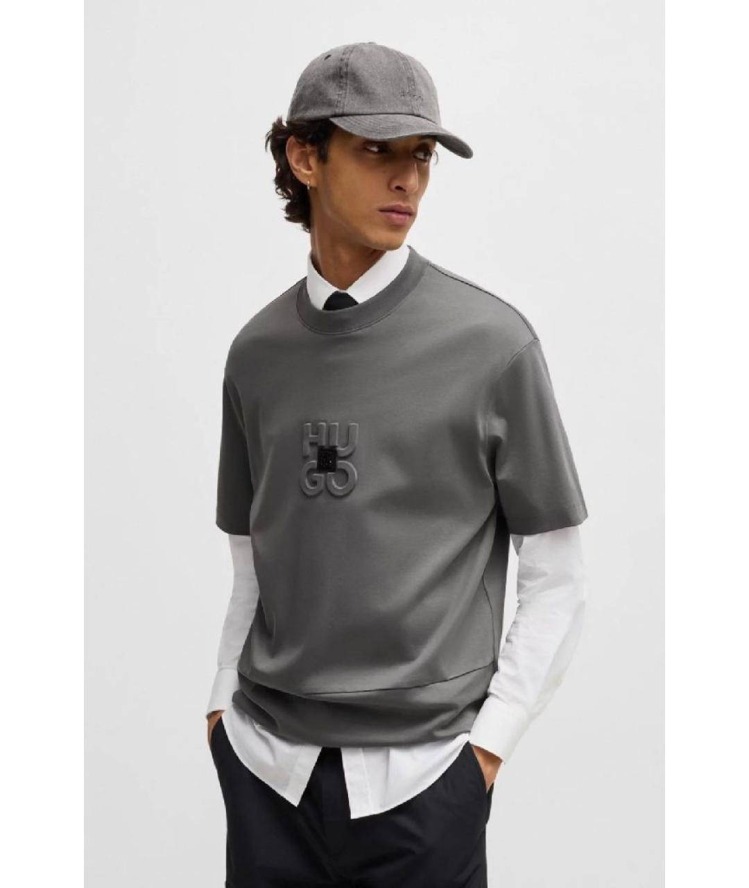 HUGO Серая хлопковая футболка, фото 3