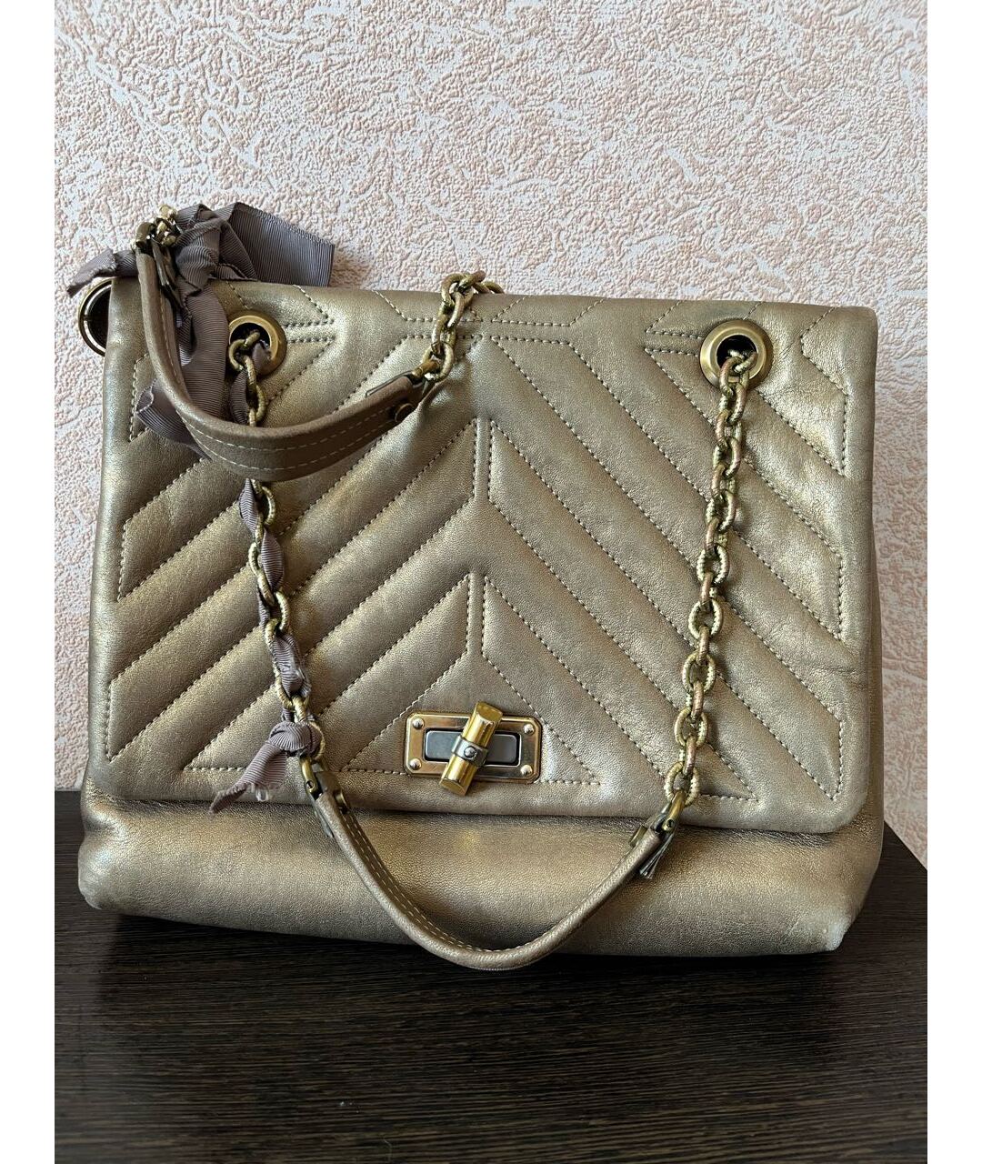 LANVIN Золотая кожаная сумка тоут, фото 8