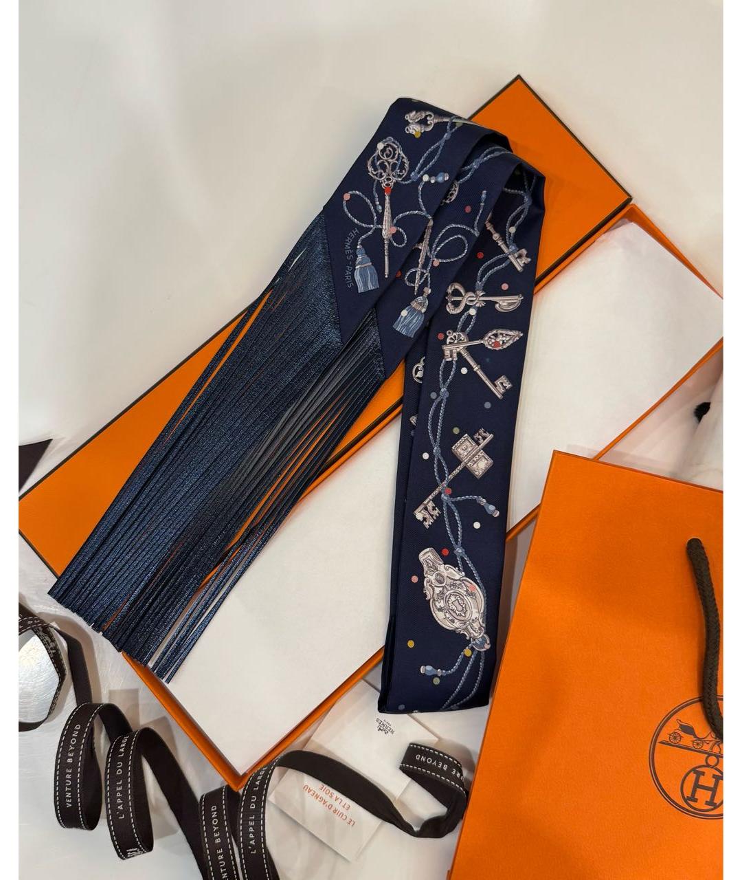 HERMES Темно-синий шелковый платок, фото 5