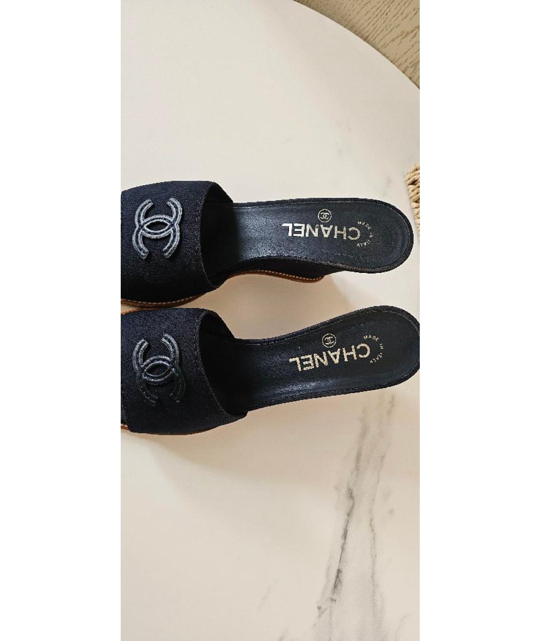 CHANEL Темно-синие текстильные мюли, фото 5