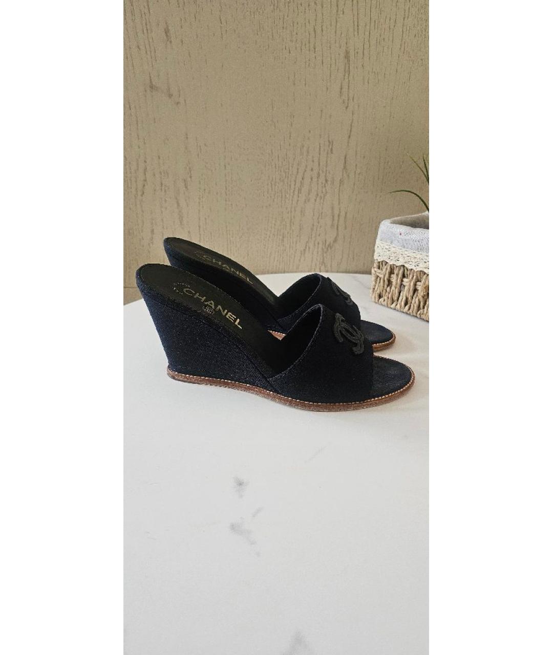 CHANEL Темно-синие текстильные мюли, фото 10