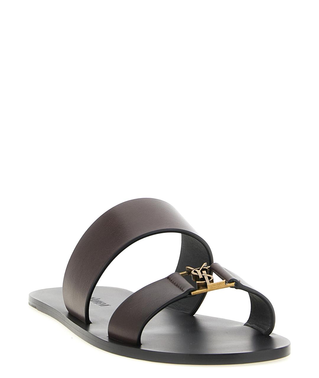 SAINT LAURENT Коричневые кожаные шлепанцы, фото 2