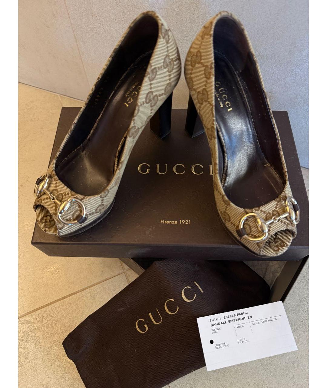 GUCCI Бежевые текстильные босоножки, фото 5