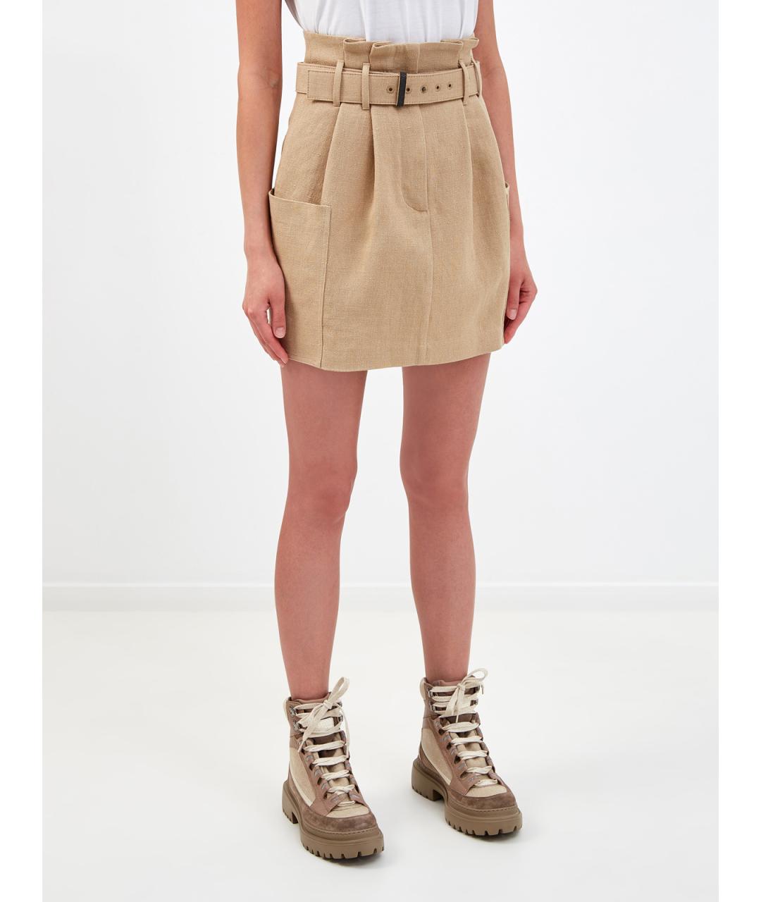BRUNELLO CUCINELLI Бежевая льняная юбка мини, фото 3