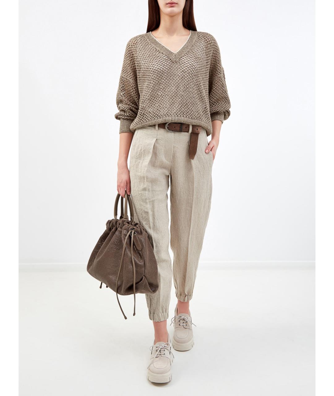 BRUNELLO CUCINELLI Бежевые льняные прямые брюки, фото 2