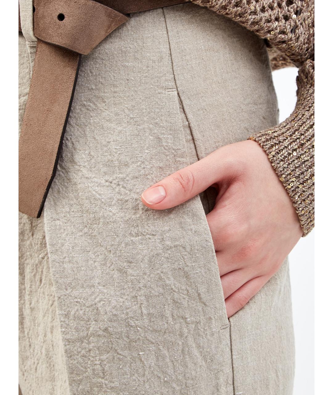 BRUNELLO CUCINELLI Бежевые льняные прямые брюки, фото 5