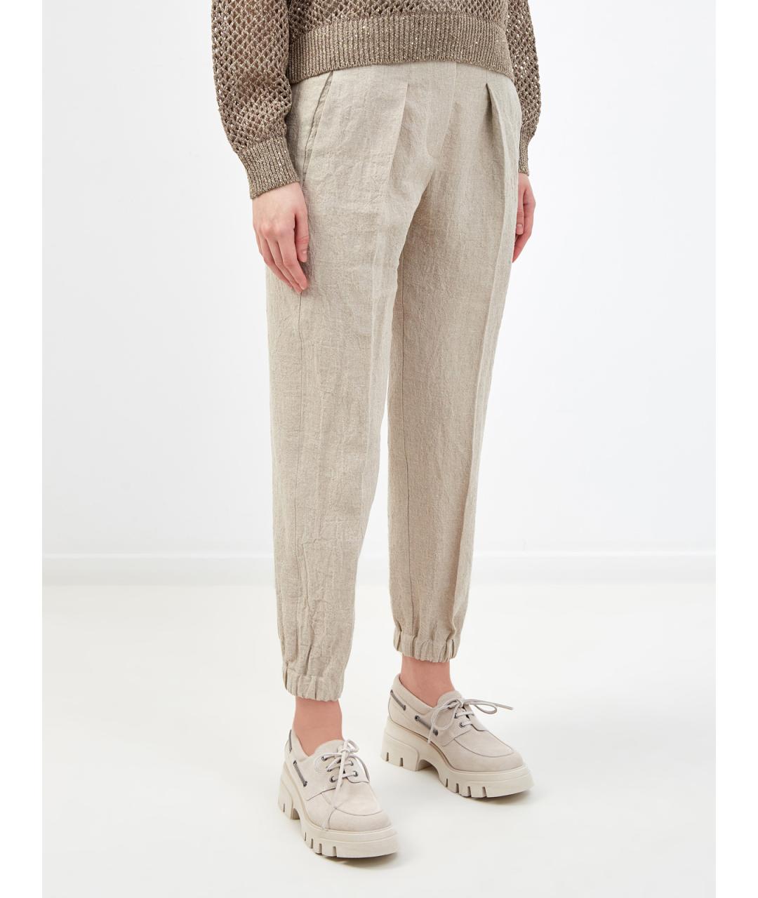 BRUNELLO CUCINELLI Бежевые льняные прямые брюки, фото 3
