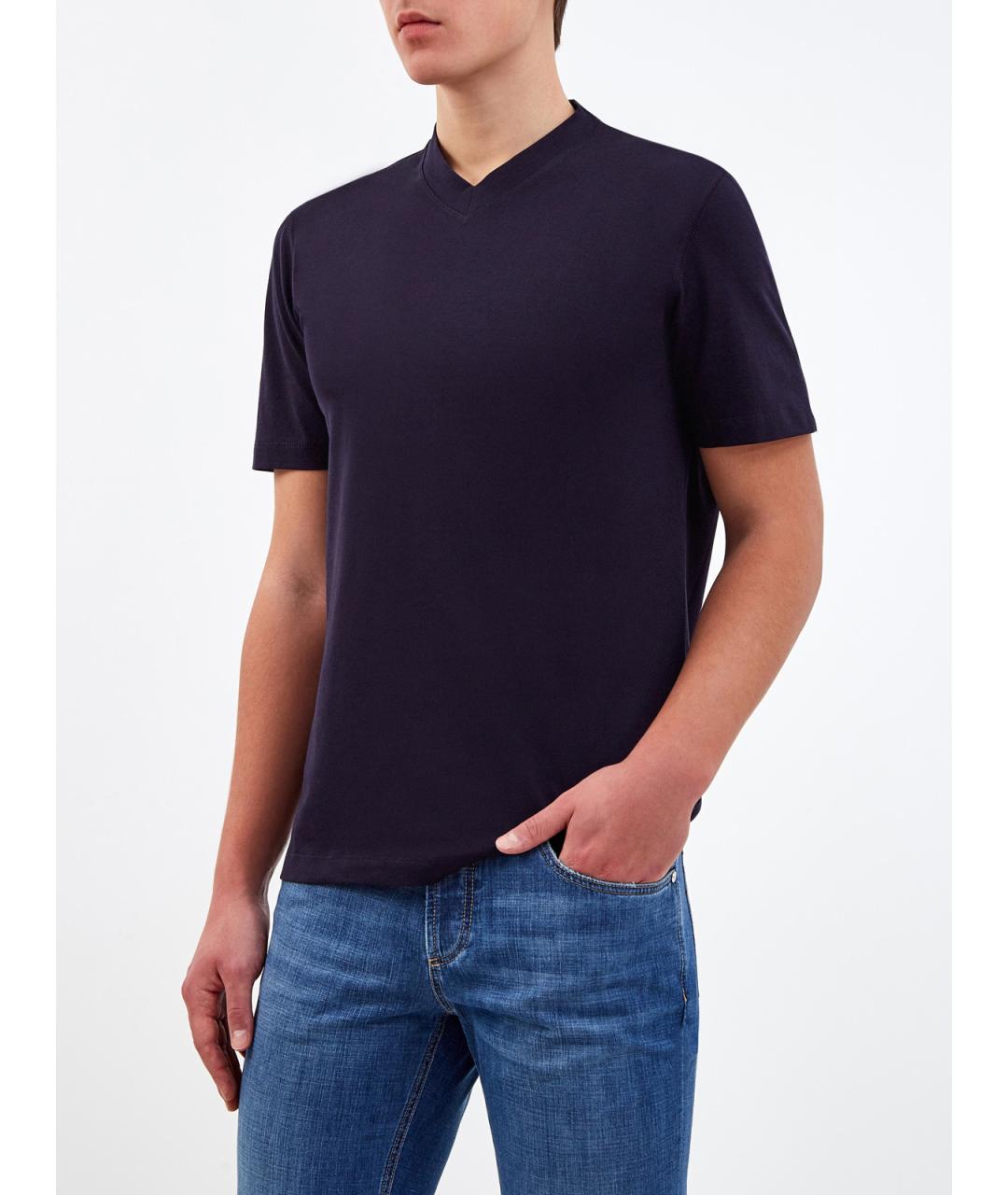 BRUNELLO CUCINELLI Синяя хлопковая футболка, фото 3
