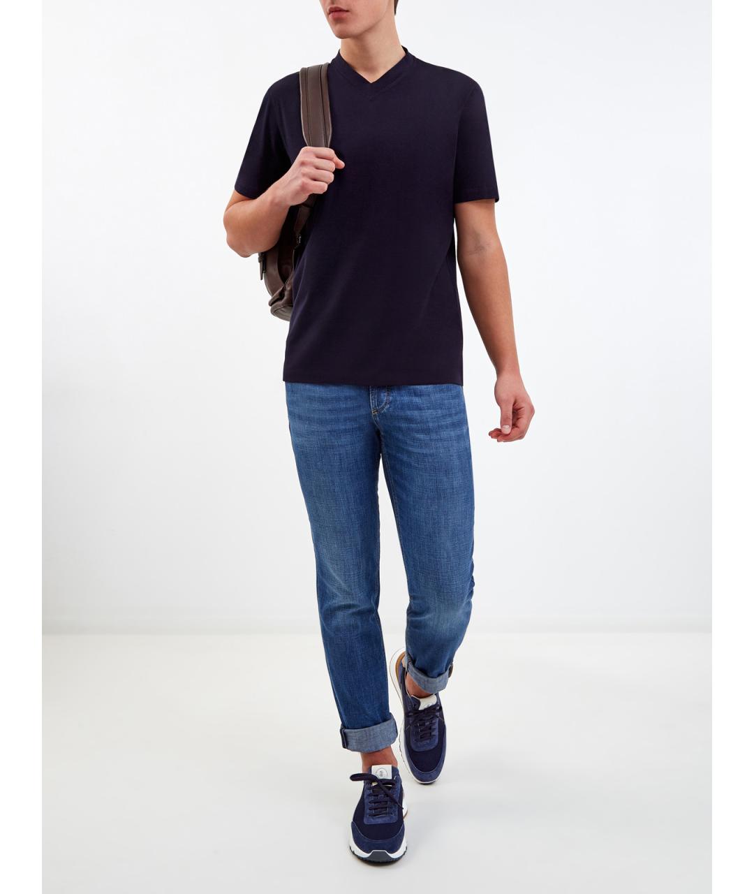 BRUNELLO CUCINELLI Синяя хлопковая футболка, фото 2