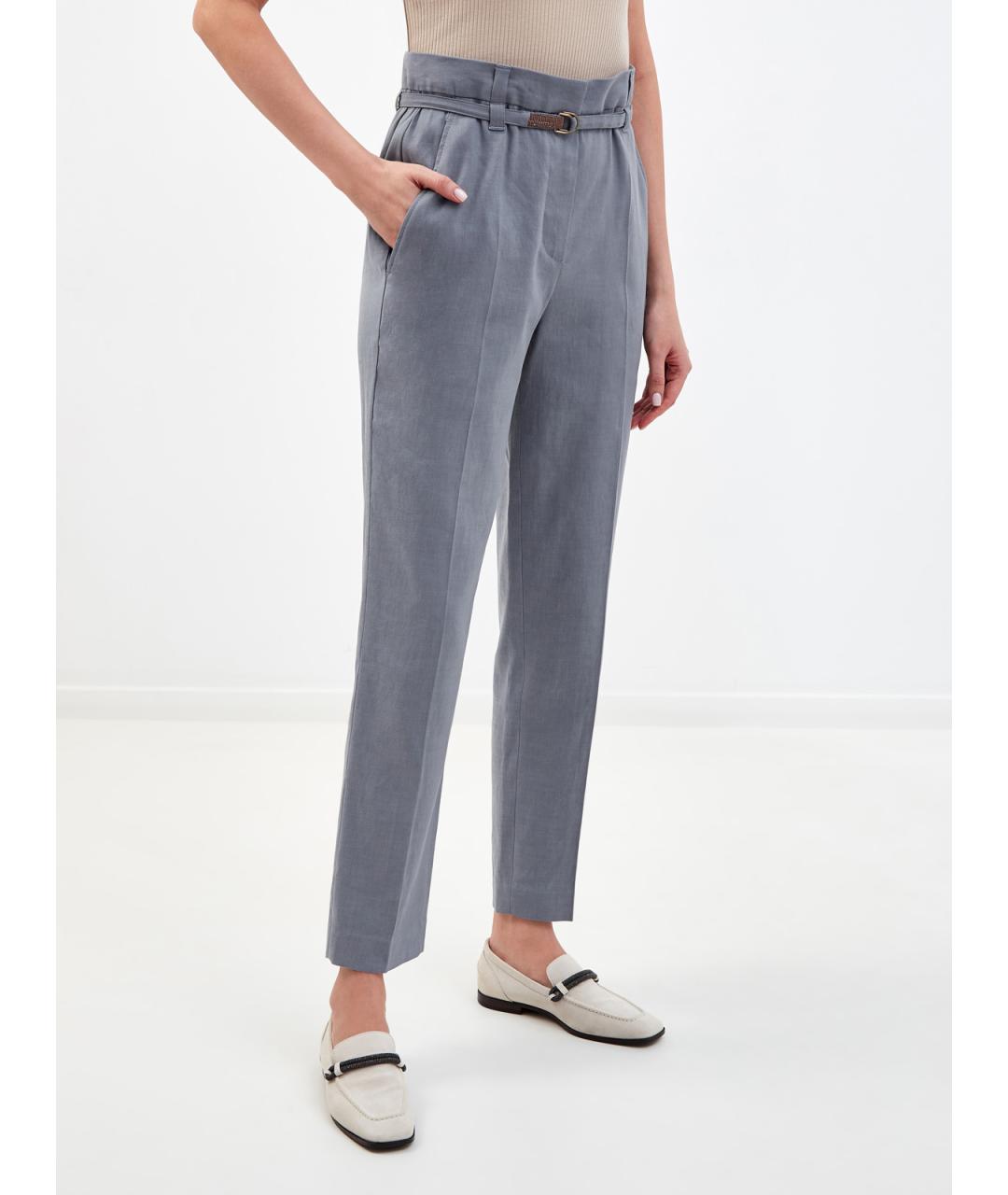 BRUNELLO CUCINELLI Синие льняные прямые брюки, фото 3