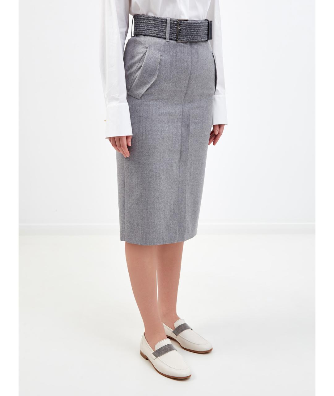 BRUNELLO CUCINELLI Серая шерстяная юбка миди, фото 3