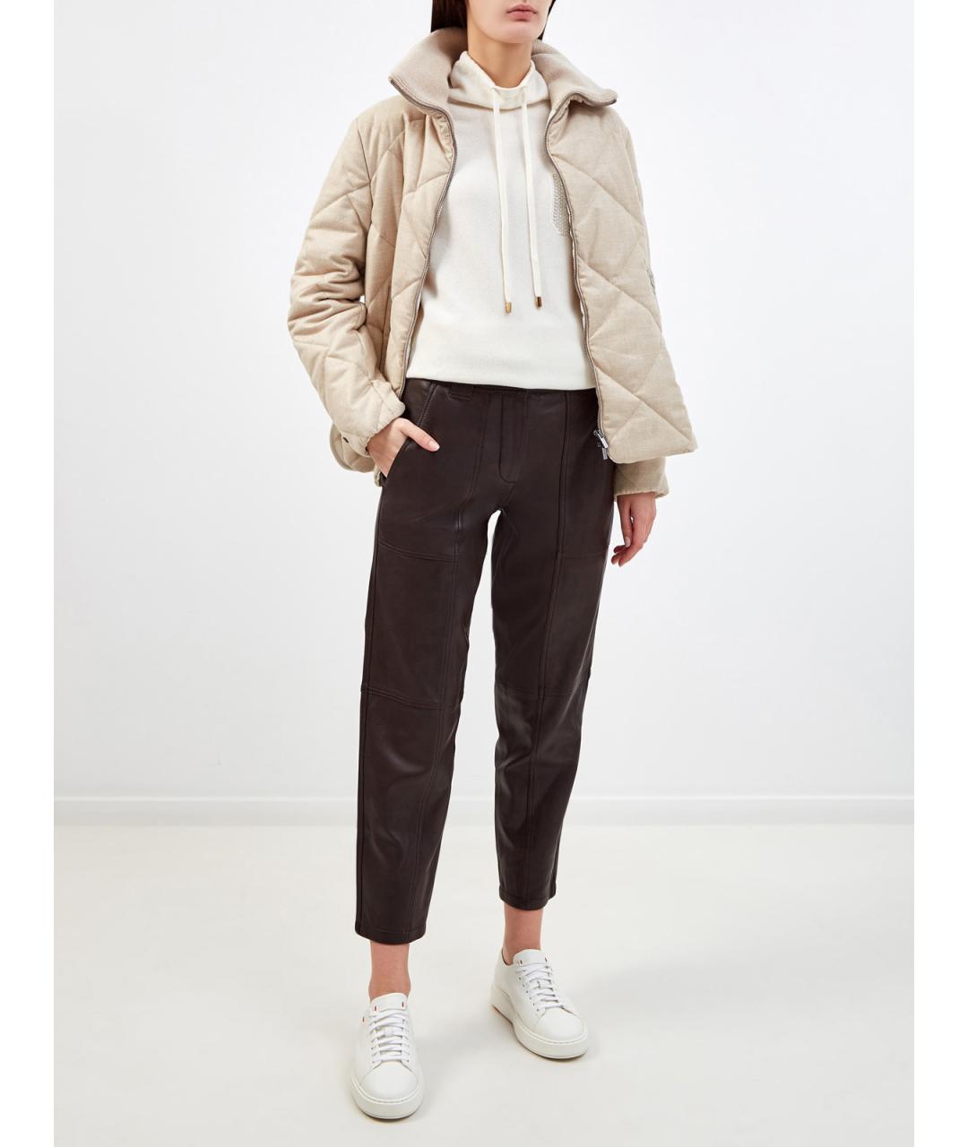 YVES SALOMON Коричневые кожаные прямые брюки, фото 2