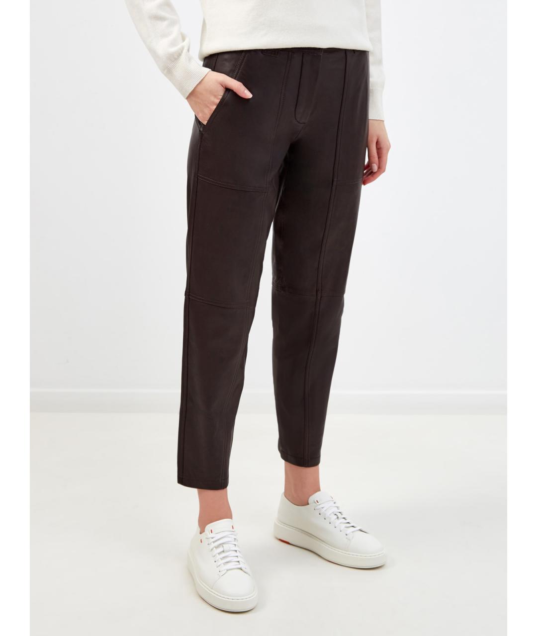 YVES SALOMON Коричневые кожаные прямые брюки, фото 3