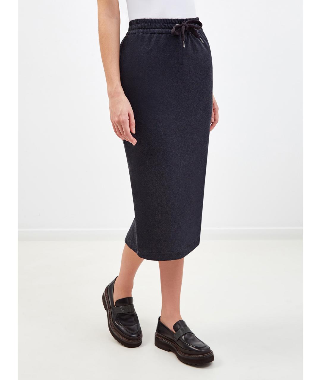 BRUNELLO CUCINELLI Антрацитовая хлопковая юбка миди, фото 3