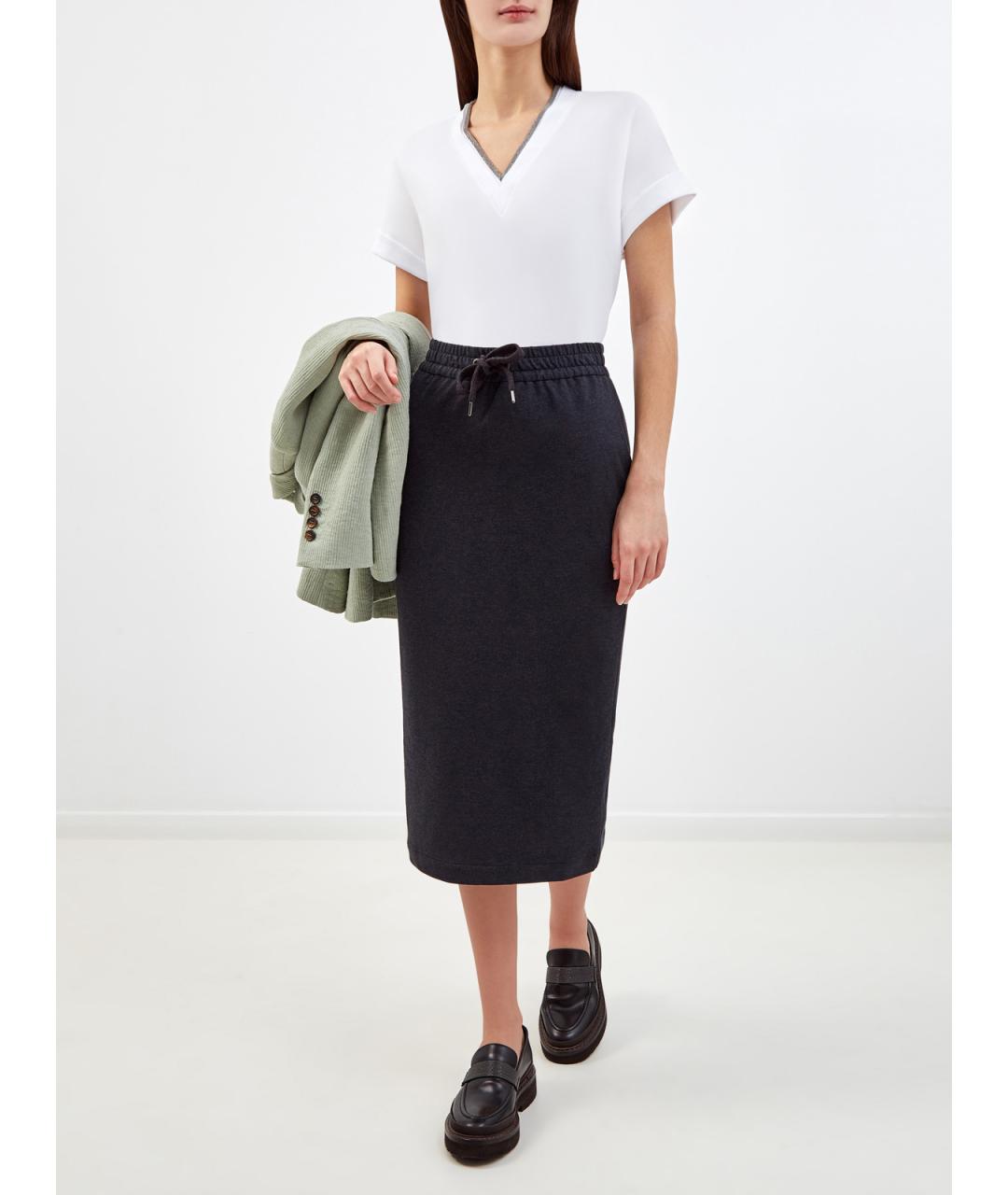 BRUNELLO CUCINELLI Антрацитовая хлопковая юбка миди, фото 2