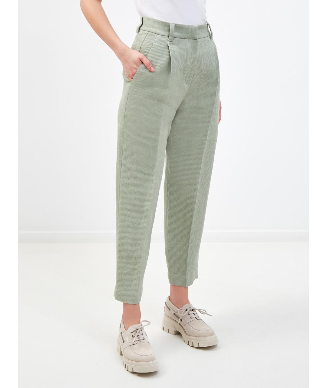 BRUNELLO CUCINELLI Зеленые льняные прямые брюки, фото 3