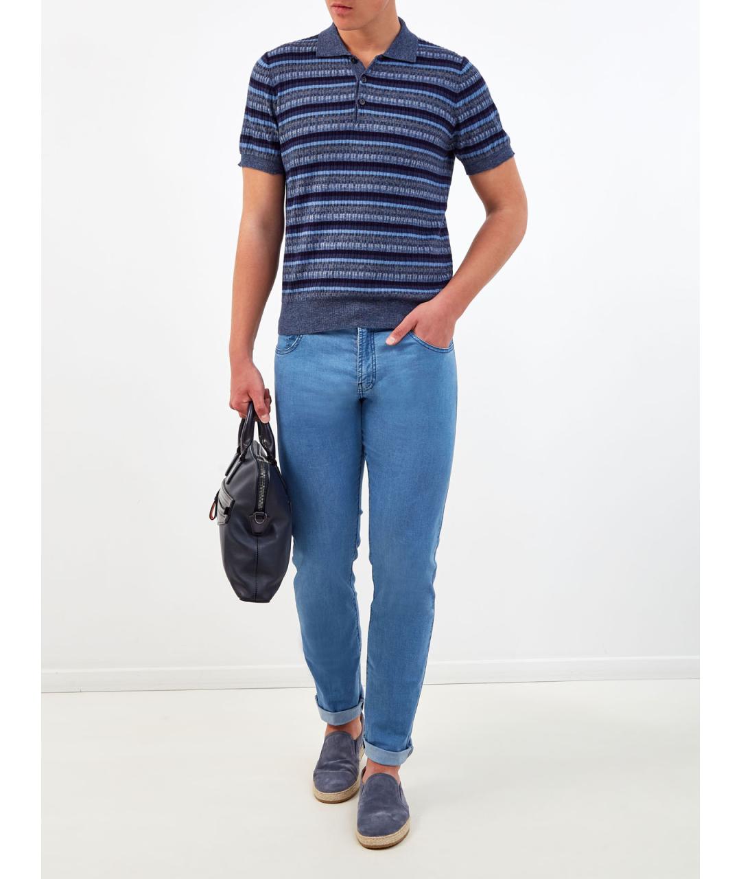 CANALI Синее хлопковое поло с коротким рукавом, фото 2