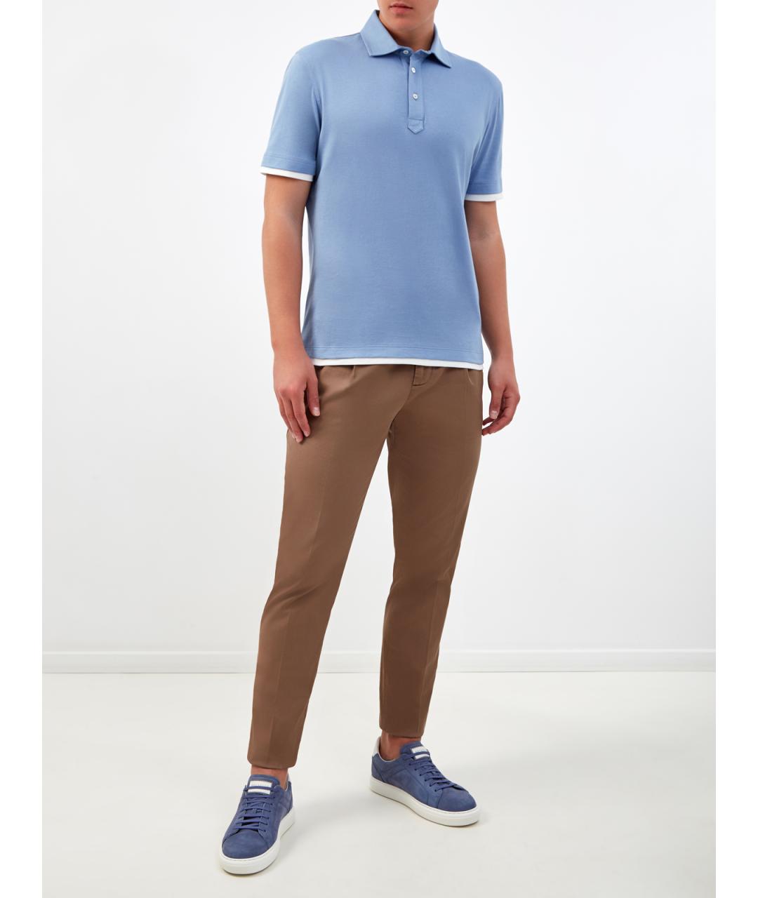 BRUNELLO CUCINELLI Голубое хлопковое поло с коротким рукавом, фото 2