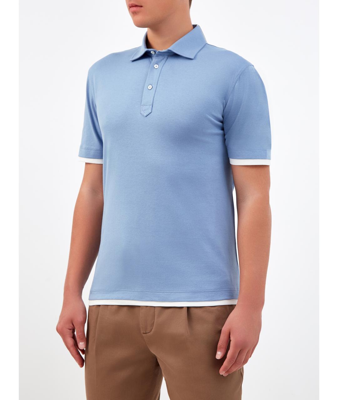 BRUNELLO CUCINELLI Голубое хлопковое поло с коротким рукавом, фото 3