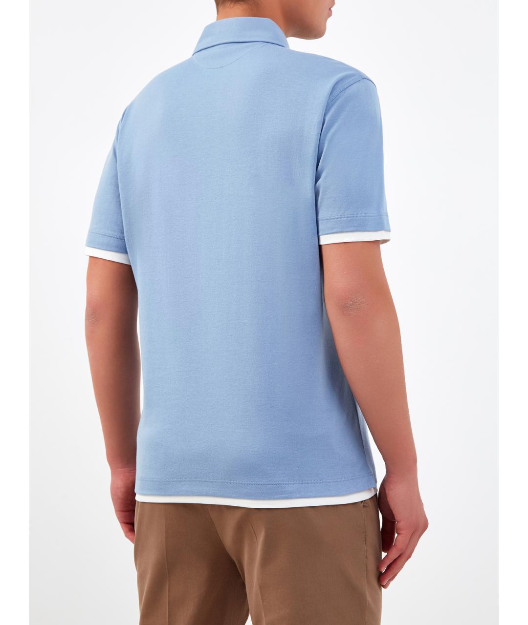 BRUNELLO CUCINELLI Голубое хлопковое поло с коротким рукавом, фото 4