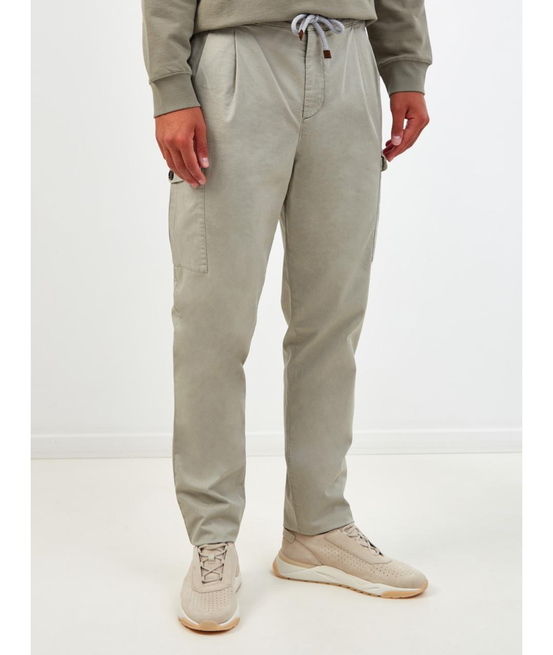 BRUNELLO CUCINELLI Зеленые хлопковые повседневные брюки, фото 3