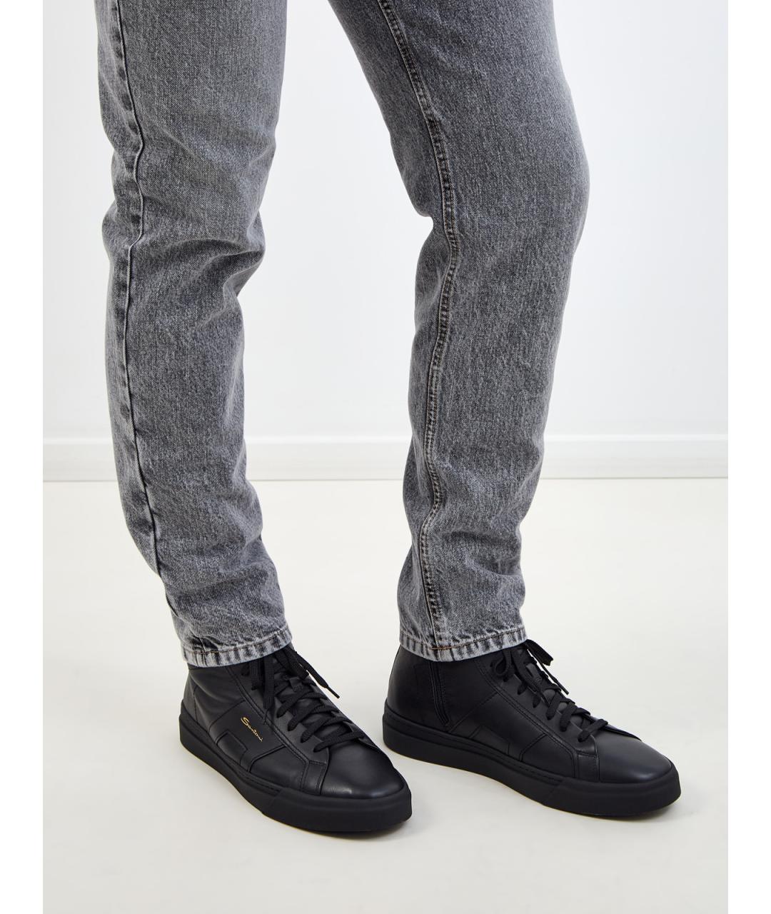 SANTONI Черные кожаные высокие кроссовки / кеды, фото 2