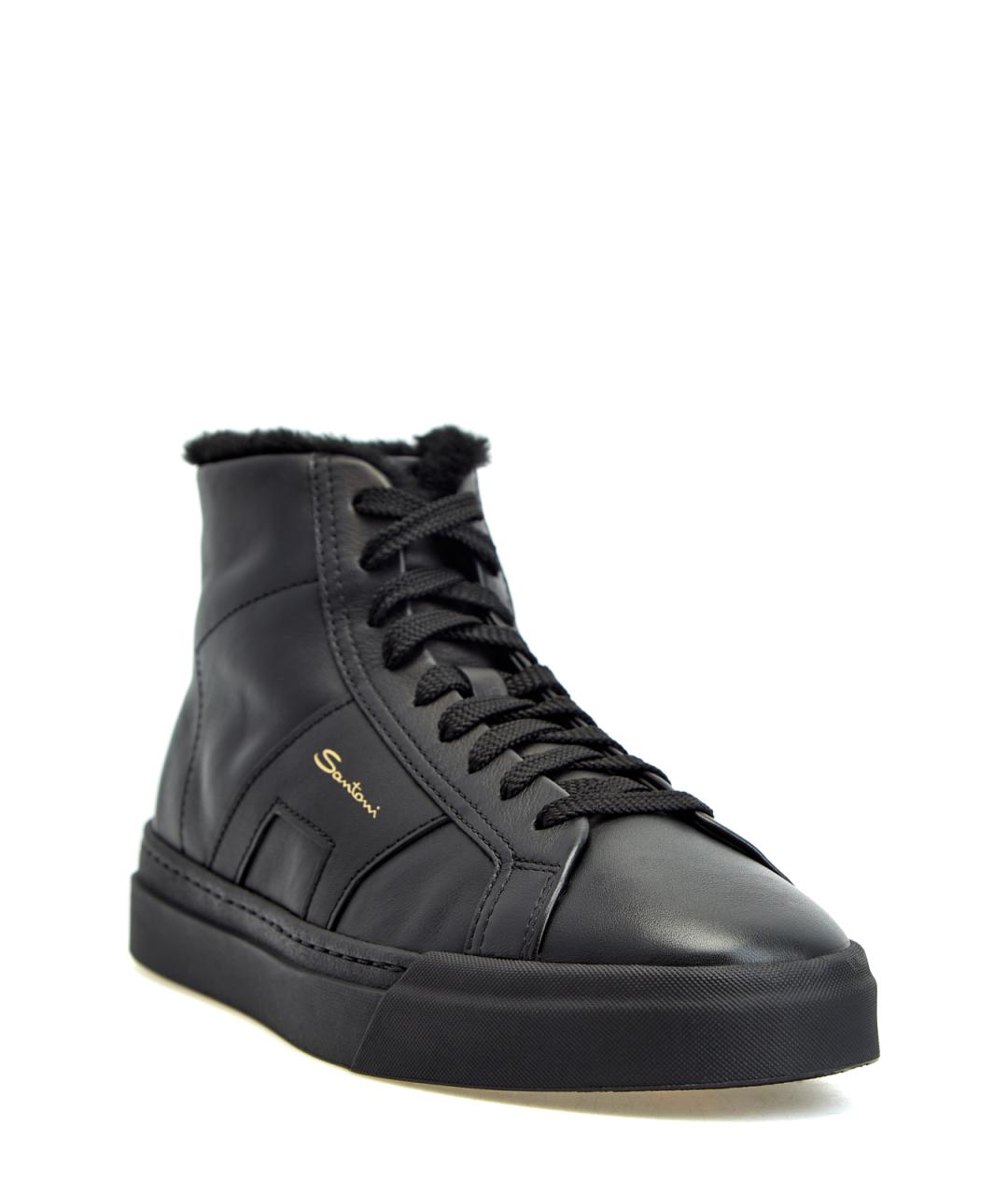 SANTONI Черные кожаные высокие кроссовки / кеды, фото 3