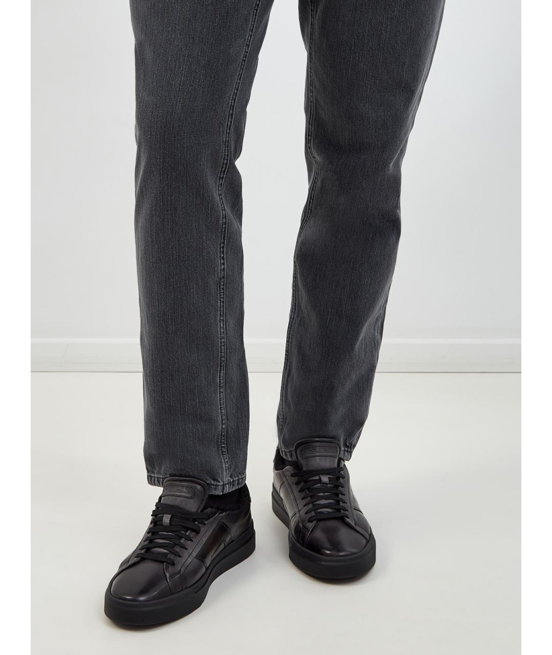 SANTONI Черные кожаные низкие кроссовки / кеды, фото 2