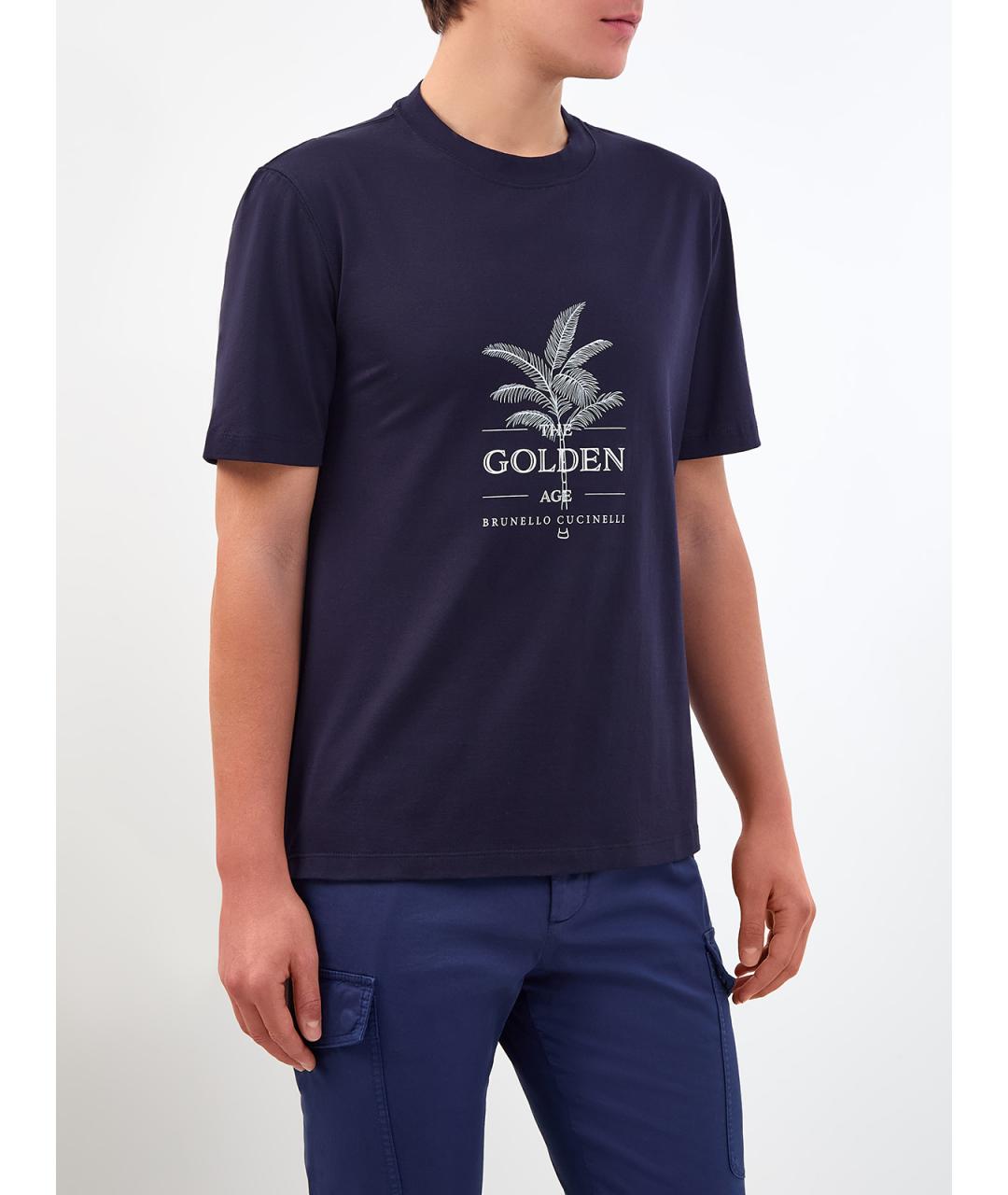 BRUNELLO CUCINELLI Синяя хлопковая футболка, фото 3