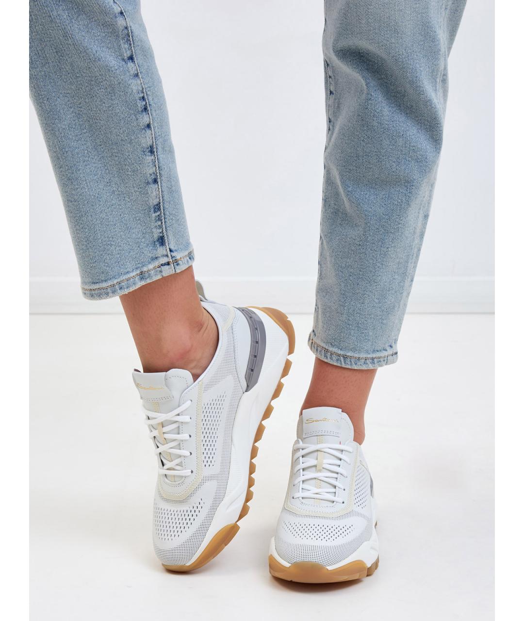 SANTONI Белые кожаные кроссовки, фото 2