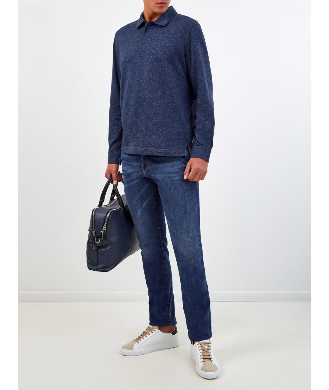 CANALI Синее хлопковое поло с длинным рукавом, фото 2