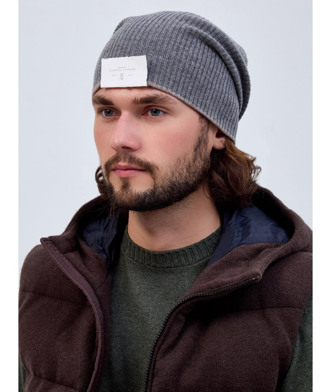BRUNELLO CUCINELLI Серая кашемировая шапка, фото 2