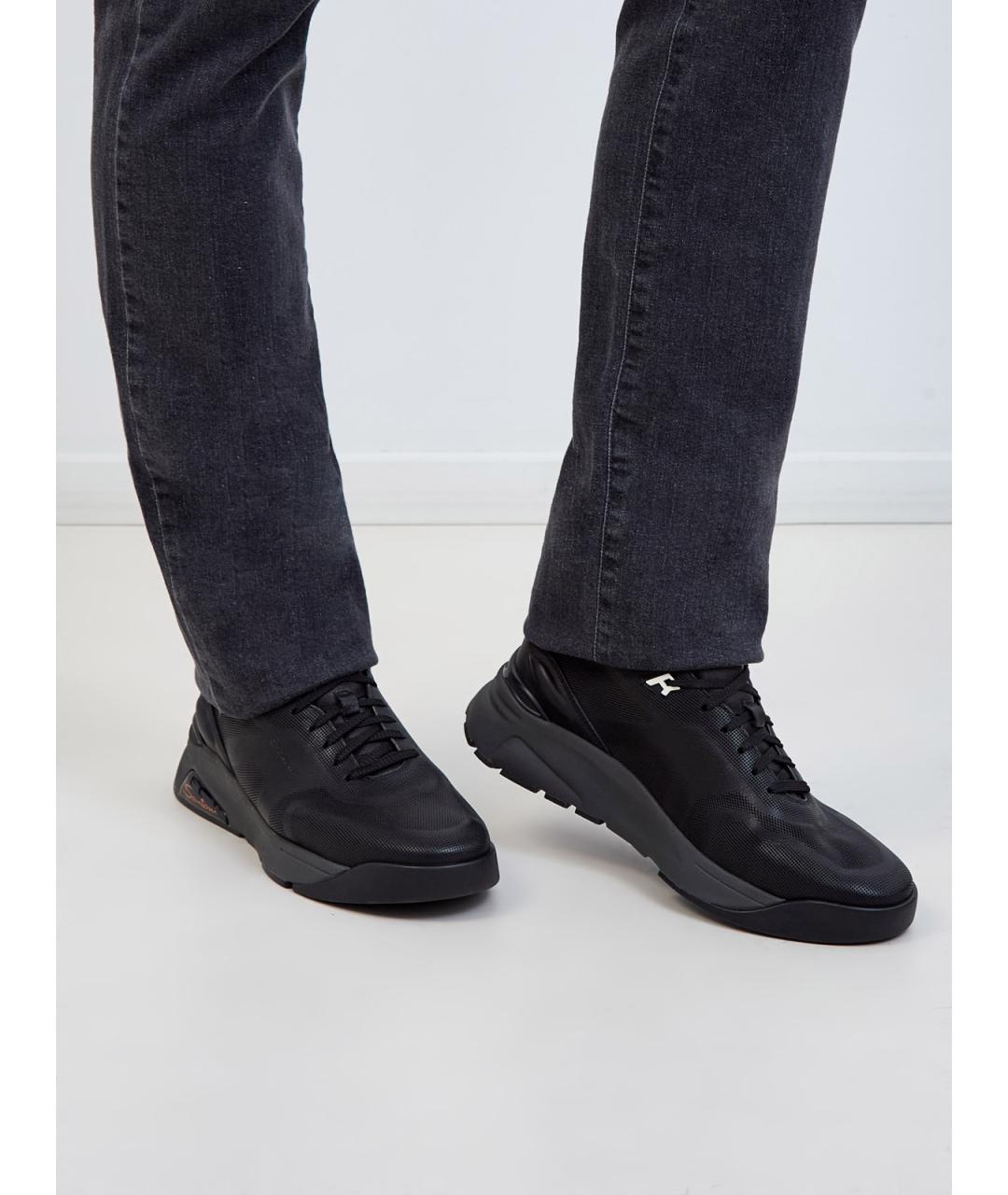 SANTONI Черные кожаные низкие кроссовки / кеды, фото 2