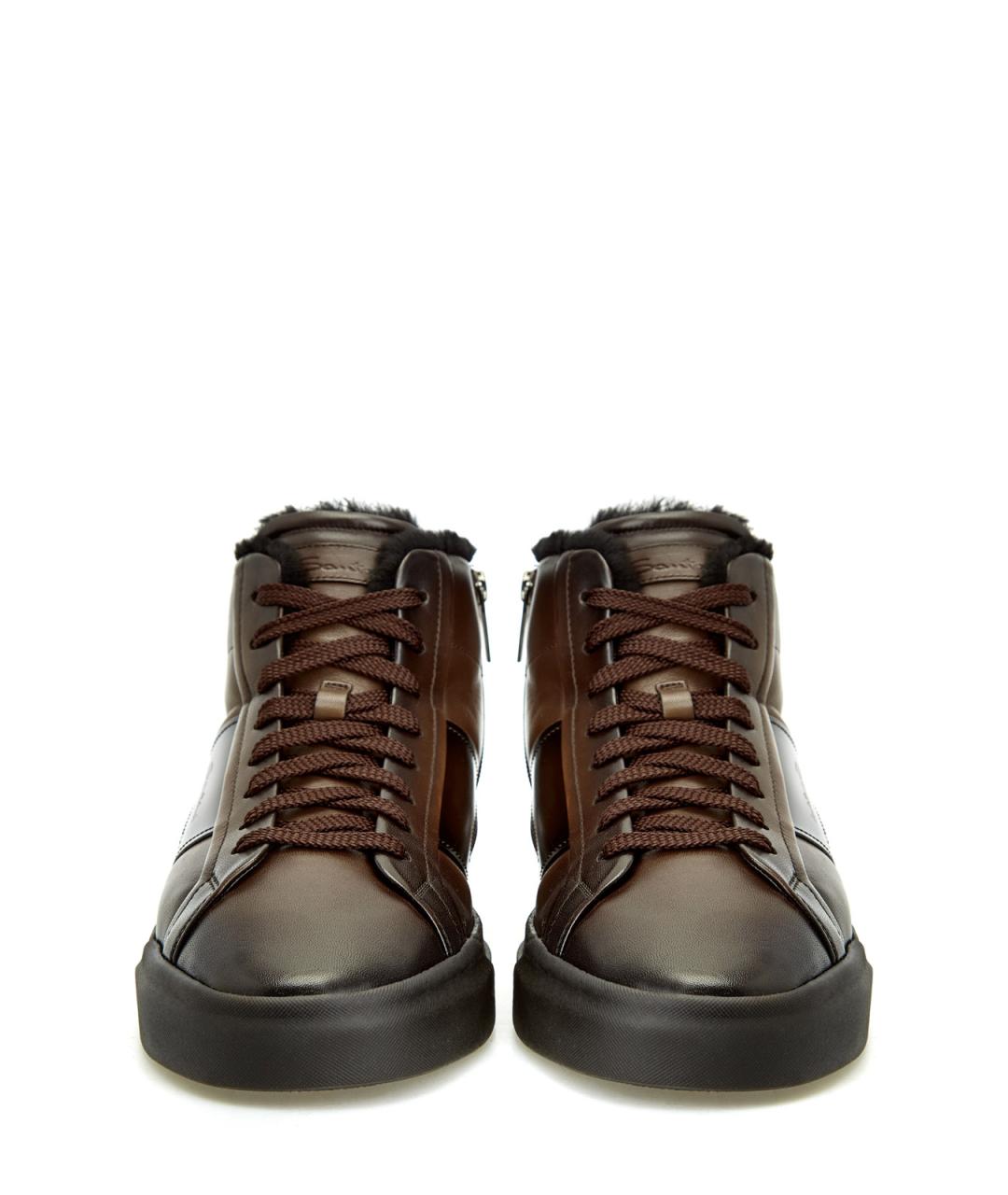 SANTONI Коричневые кожаные высокие кроссовки / кеды, фото 5