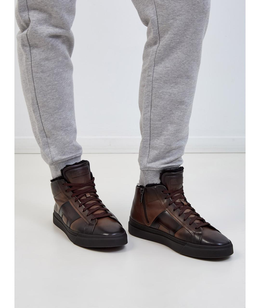 SANTONI Коричневые кожаные высокие кроссовки / кеды, фото 2