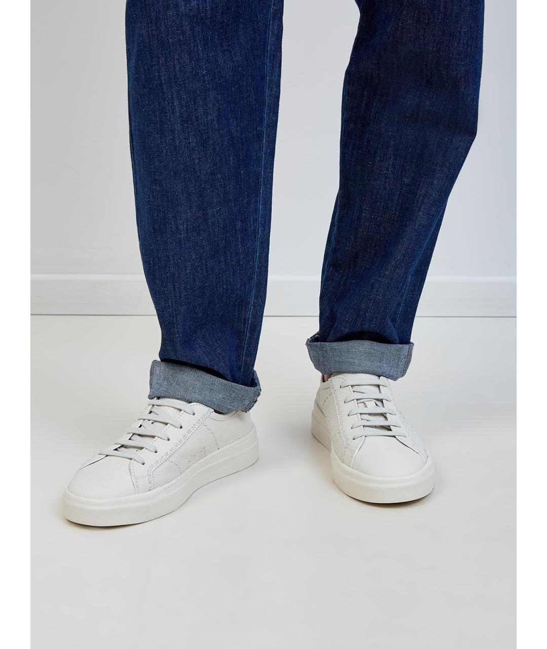 SANTONI Белые кожаные низкие кроссовки / кеды, фото 2