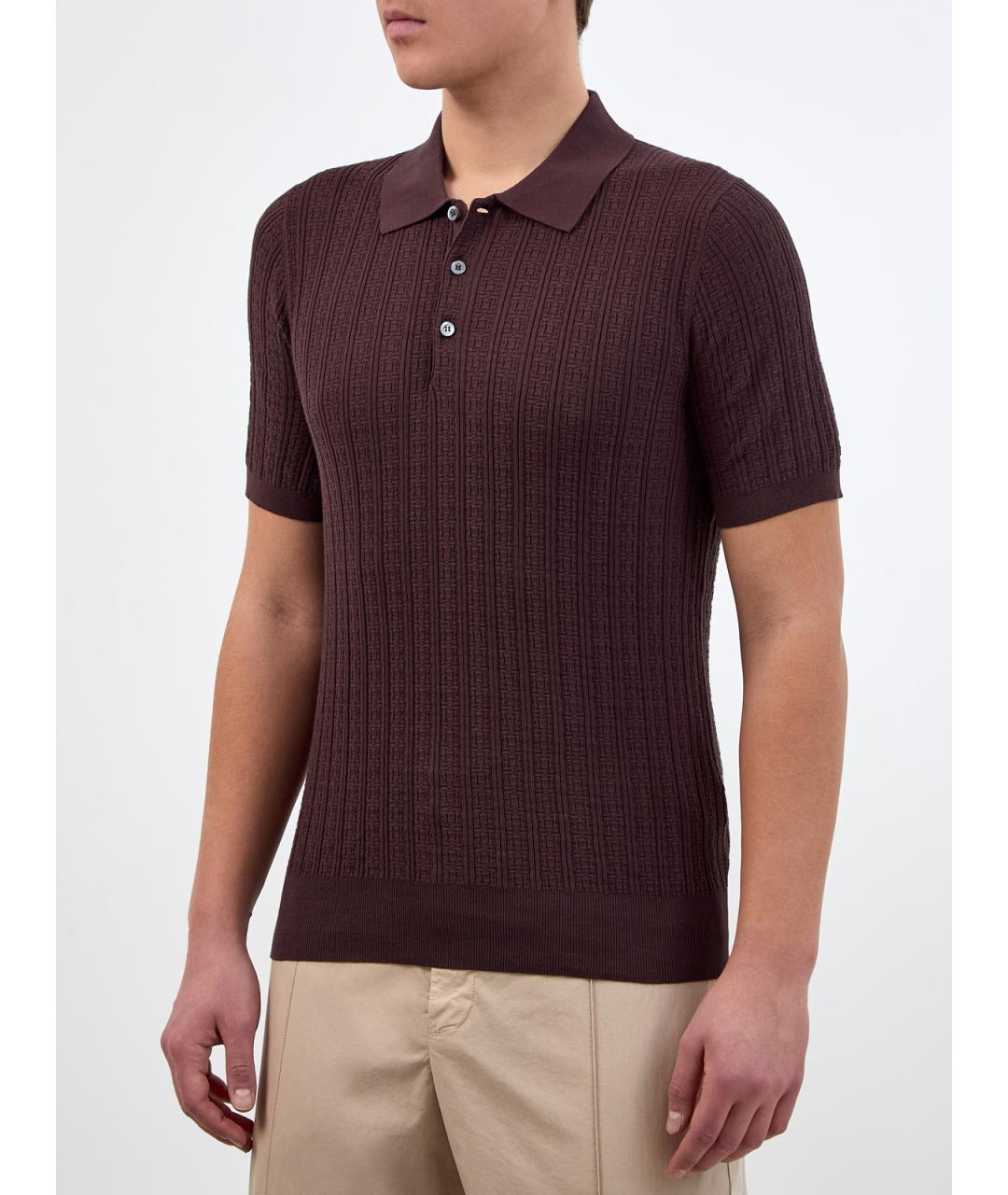 CANALI Коричневое хлопковое поло с коротким рукавом, фото 3