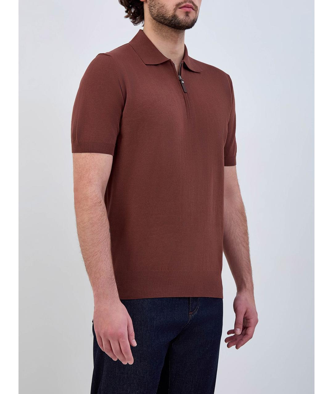 CANALI Коричневое хлопковое поло с коротким рукавом, фото 3