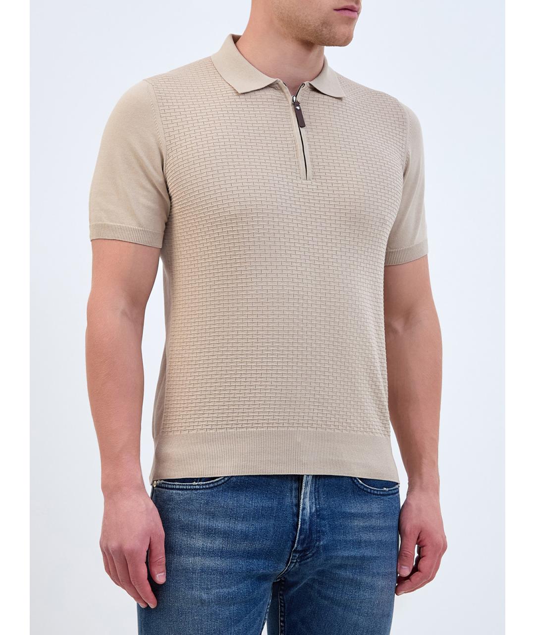 CANALI Бежевое хлопковое поло с коротким рукавом, фото 3
