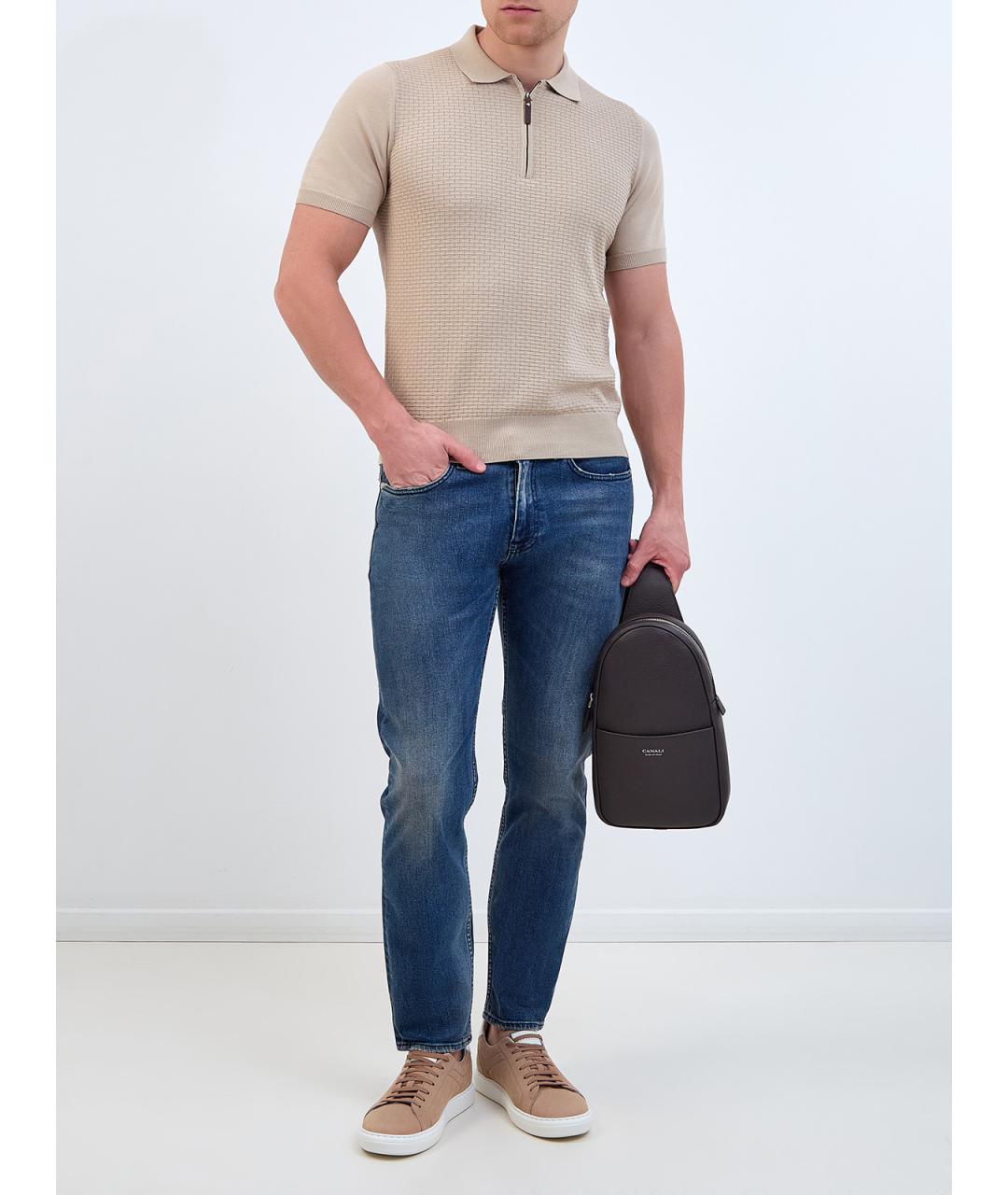 CANALI Бежевое хлопковое поло с коротким рукавом, фото 2