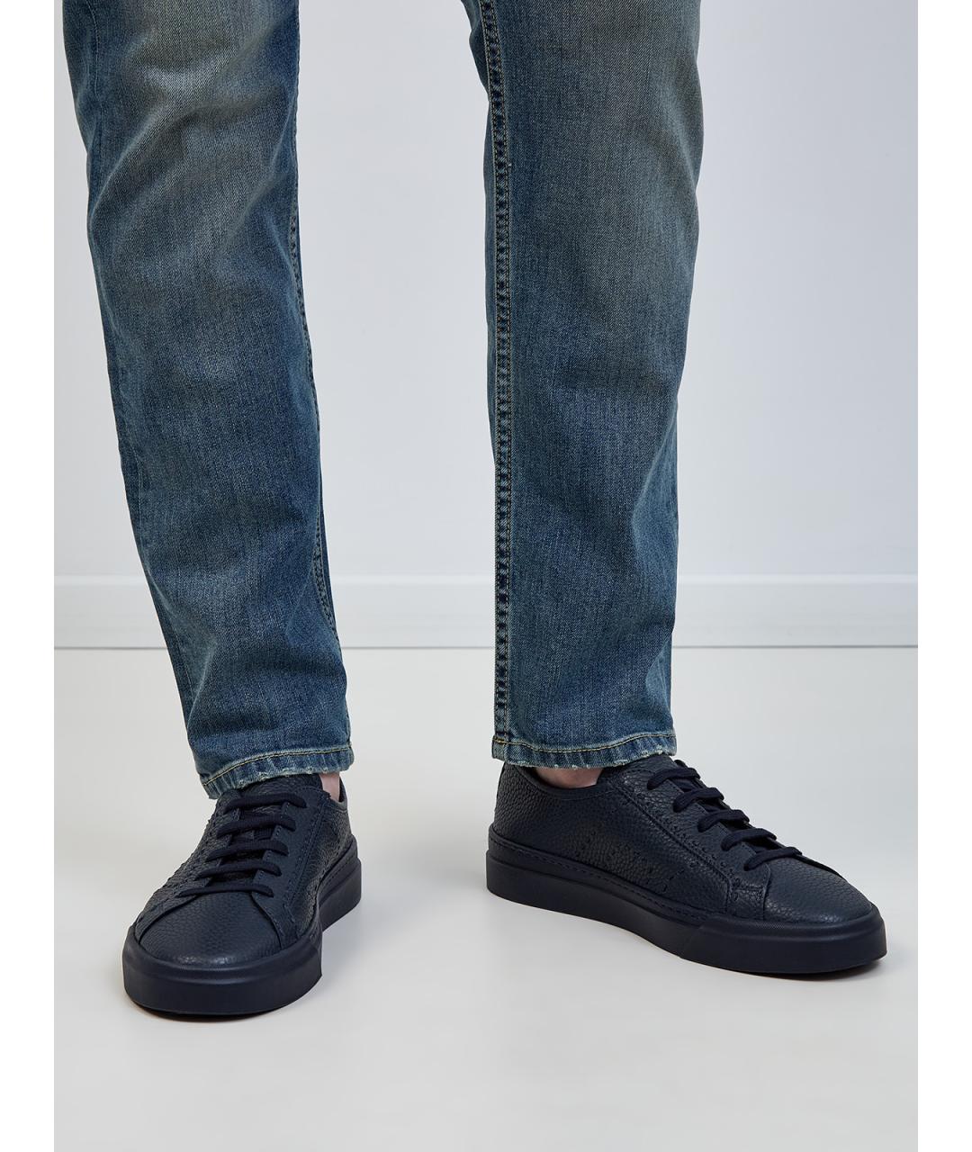 SANTONI Темно-синие кожаные низкие кроссовки / кеды, фото 2