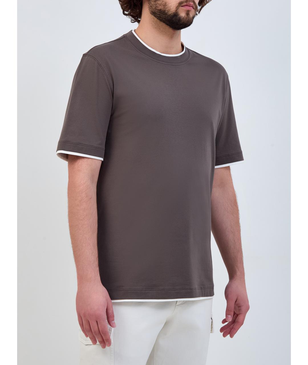 BRUNELLO CUCINELLI Коричневая хлопковая футболка, фото 3