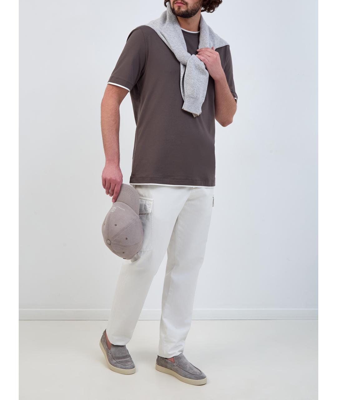 BRUNELLO CUCINELLI Коричневая хлопковая футболка, фото 2