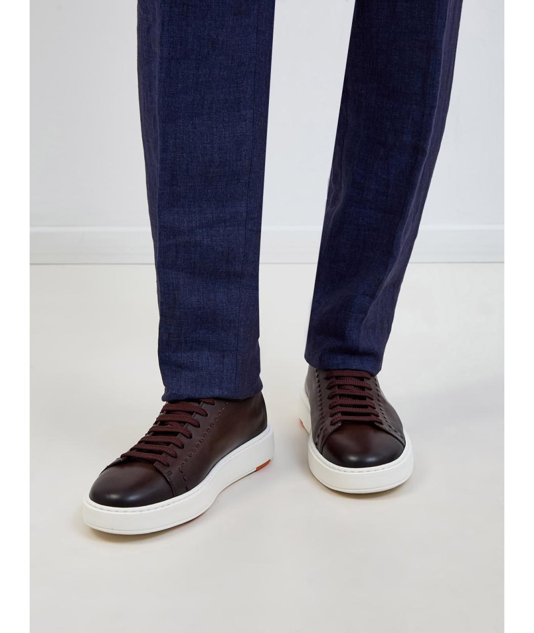 SANTONI Коричневые кожаные низкие кроссовки / кеды, фото 2